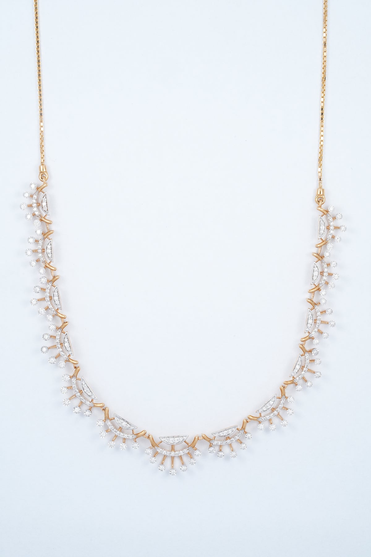 18KT rose gold diamond necklace with sunray fringe design