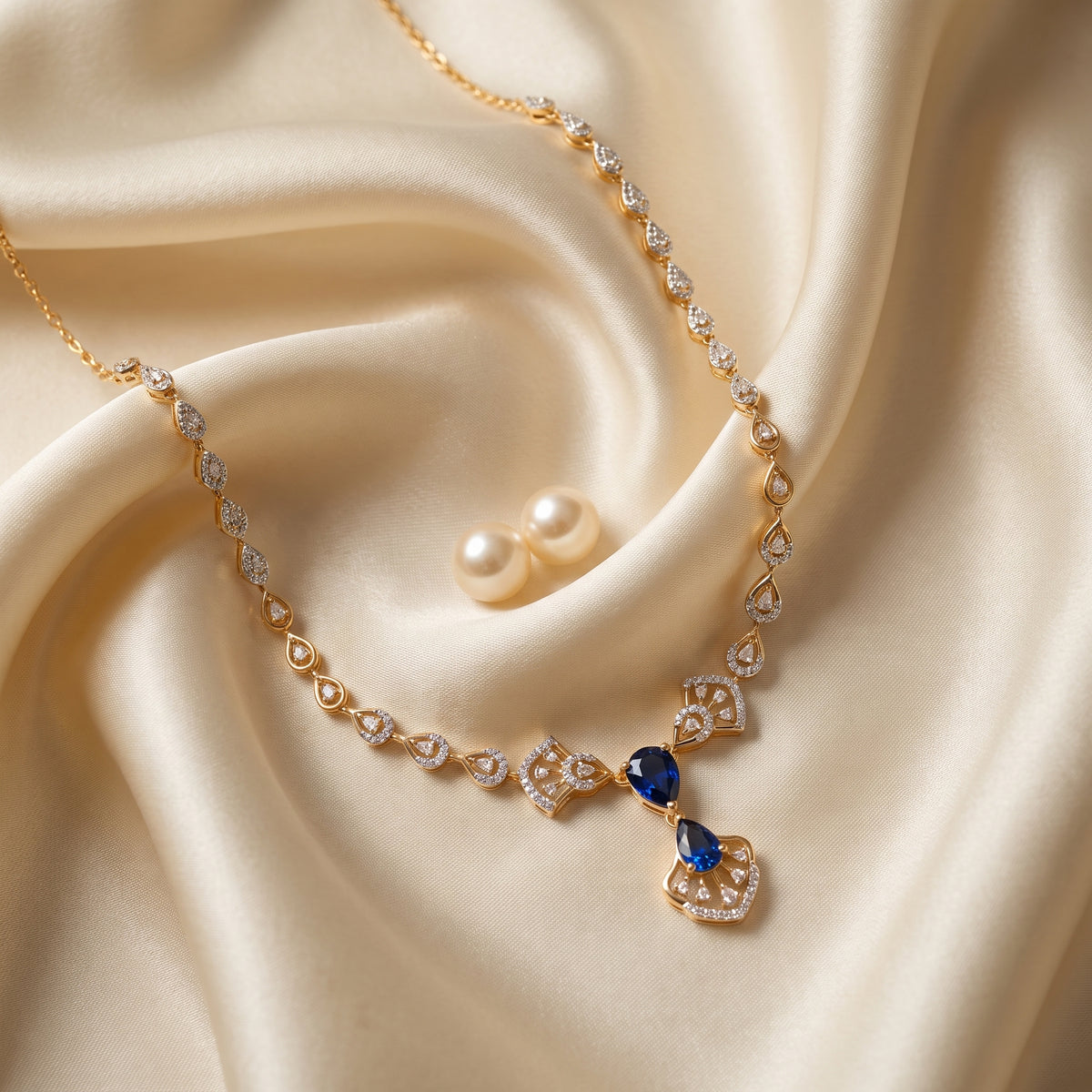 Blue Gemstone Diamond Fan 18KT Necklace