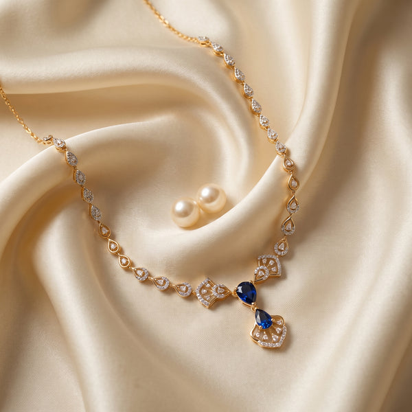 Blue Gemstone Diamond Fan 18KT Necklace