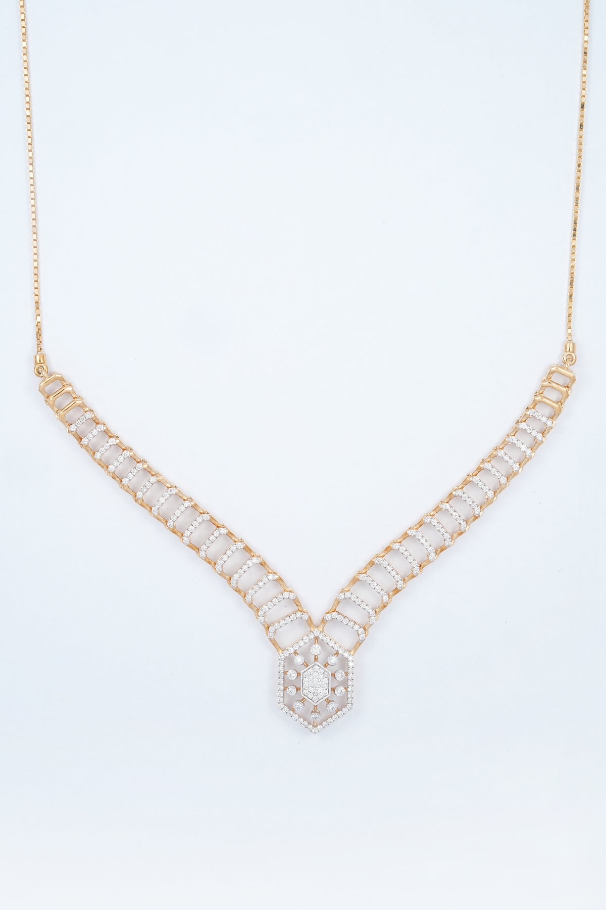 18KT rose gold diamond necklace with ladder link design and hexagon pendant