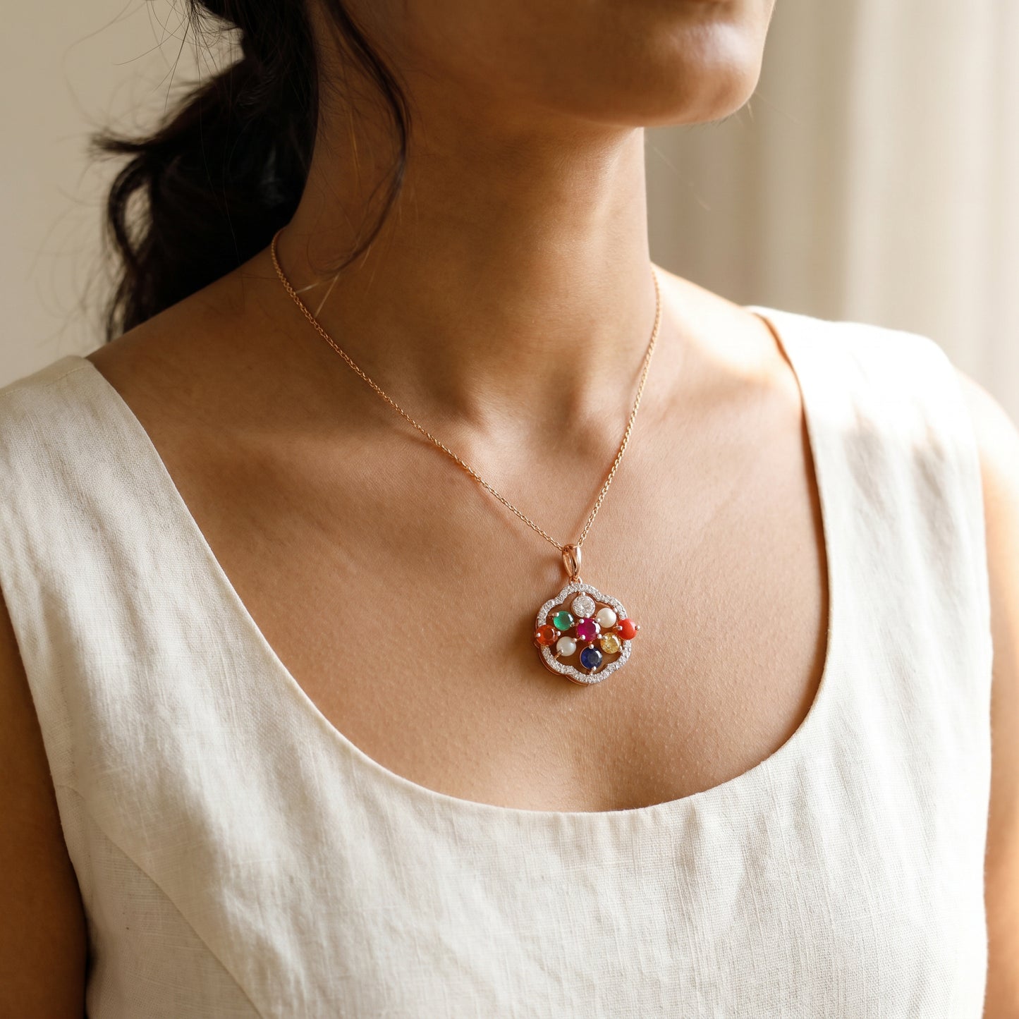 Navaratna 18kt Gold Traditional Diamond Pendant for Women