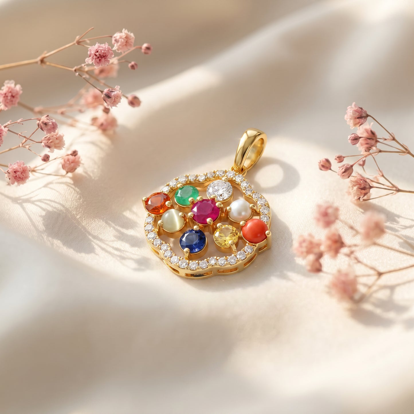 Navaratna 18kt Gold Traditional Diamond Pendant for Women