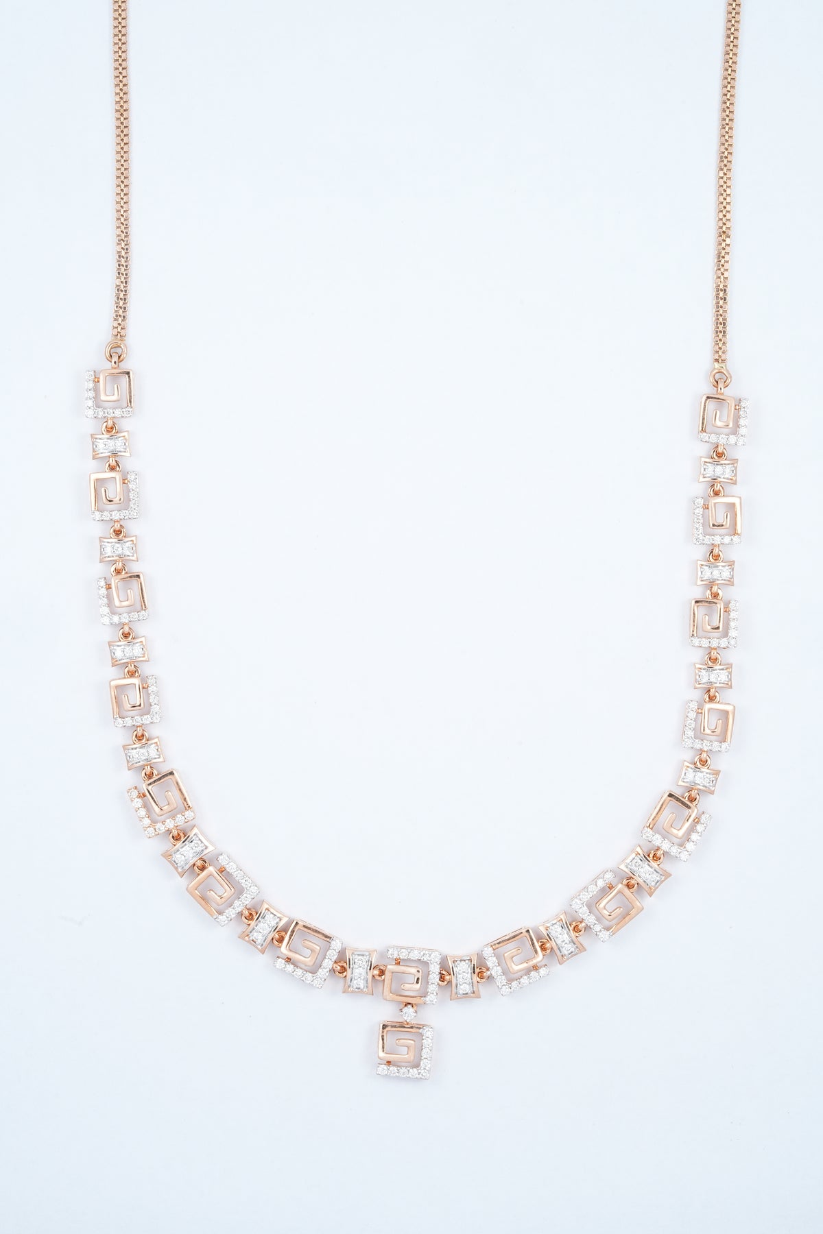 18KT rose gold diamond necklace with Greek key link pattern