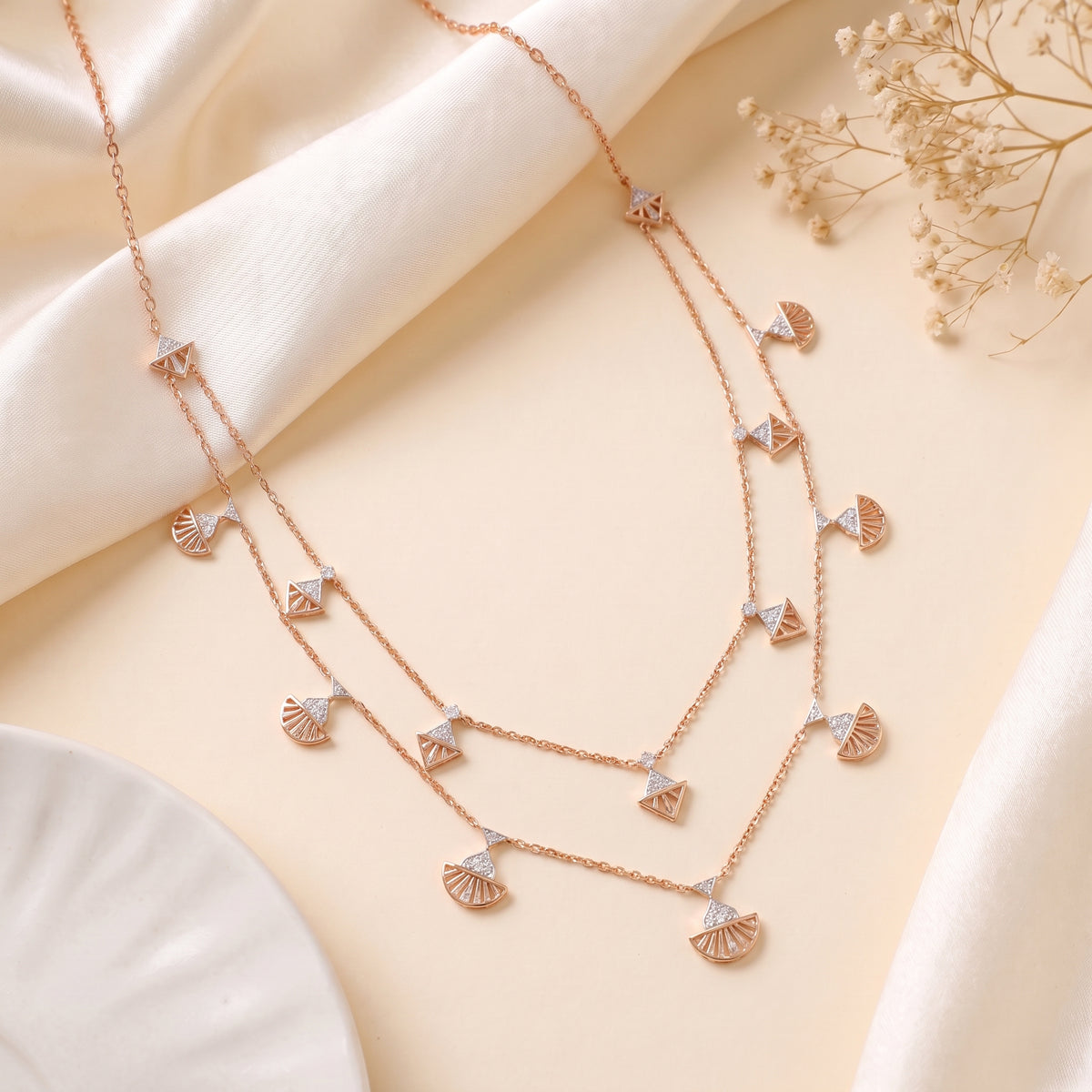 Layered Fan Motif 18KT Diamond Necklace for Women