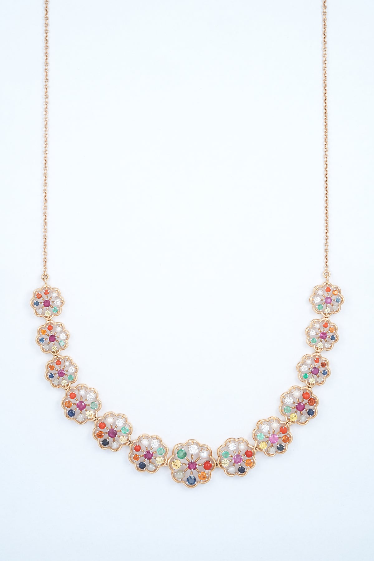 18KT rose gold necklace with multicolour floral gemstone links