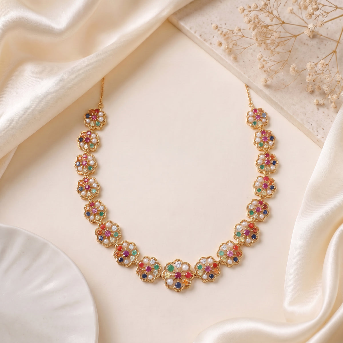 Multicolour Gemstone Floral 18KT Necklace