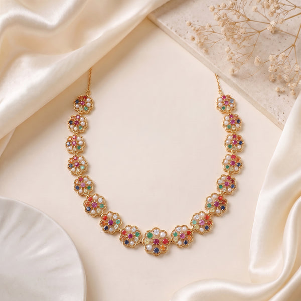 Multicolour Gemstone Floral 18KT Necklace