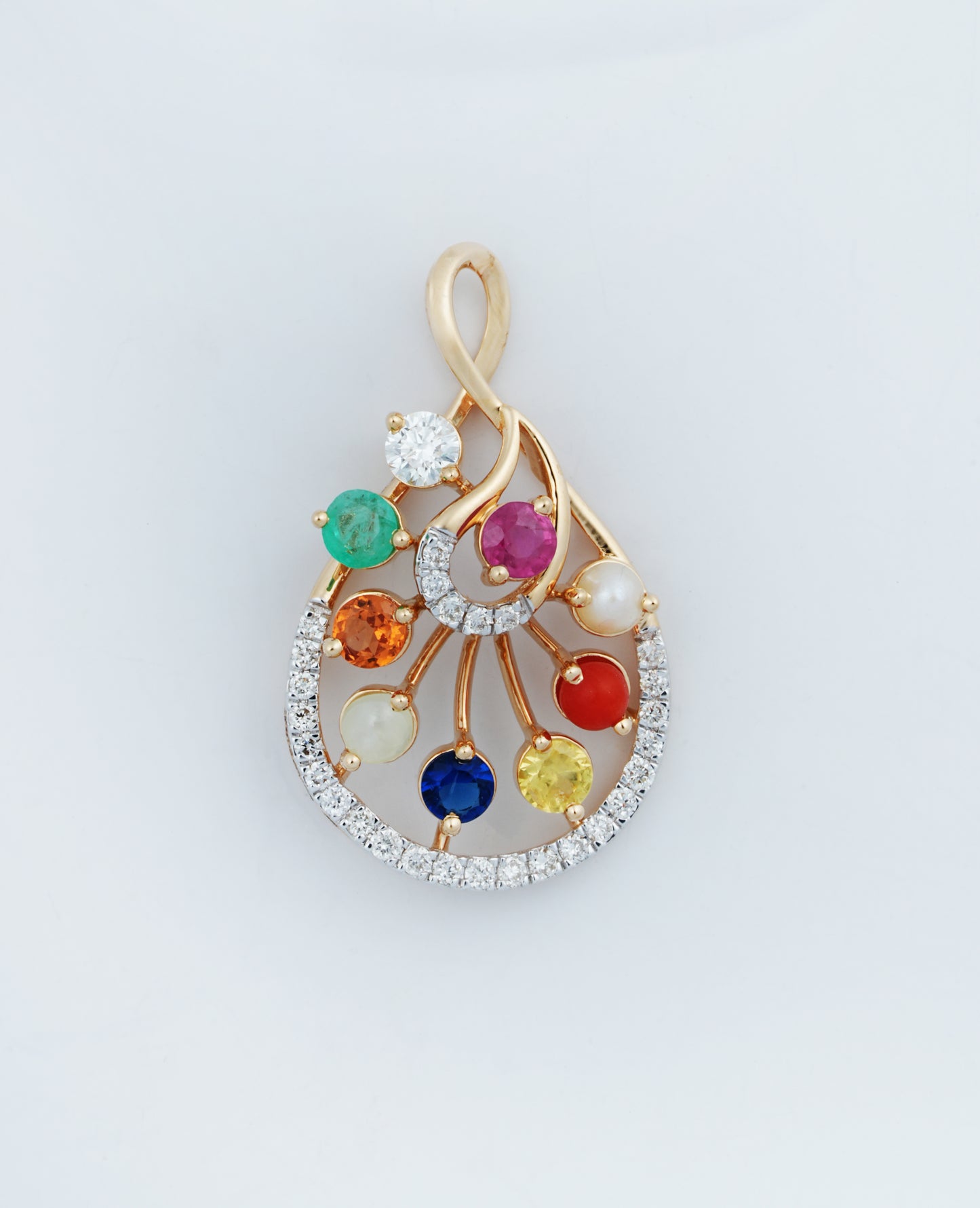 Navaratna 18kt Gold Traditional Diamond Pendant for Women