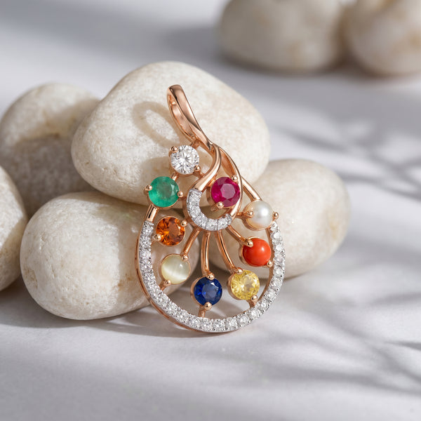 Navaratna 18kt Gold Traditional Diamond Pendant for Women