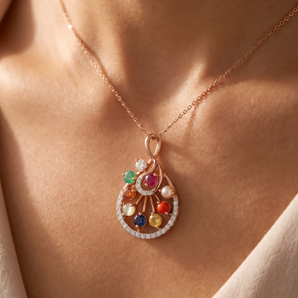 Navaratna 18kt Gold Traditional Diamond Pendant for Women