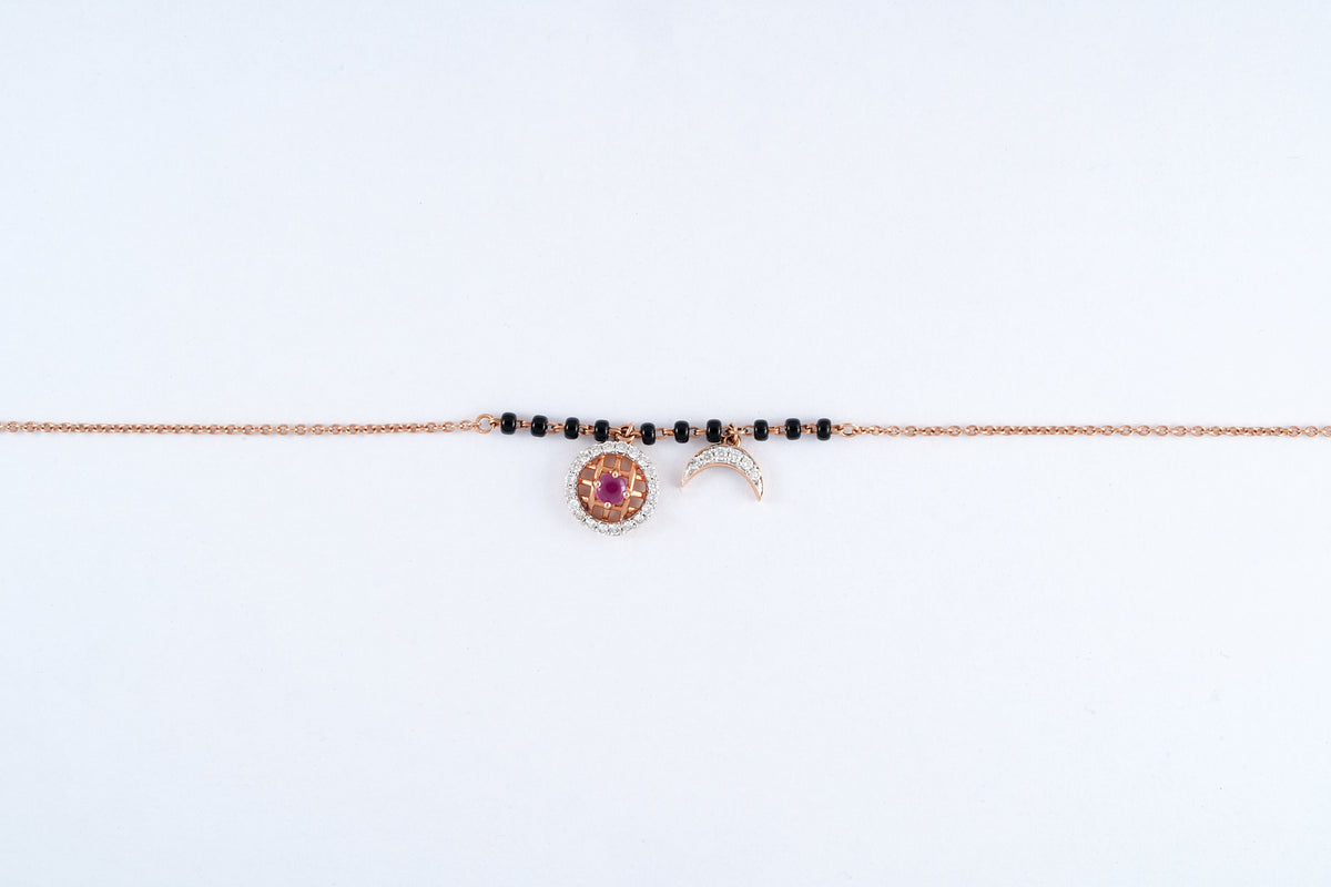 Rose gold 18KT diamond bracelet with moon charm and pink stone, Lille by Challani