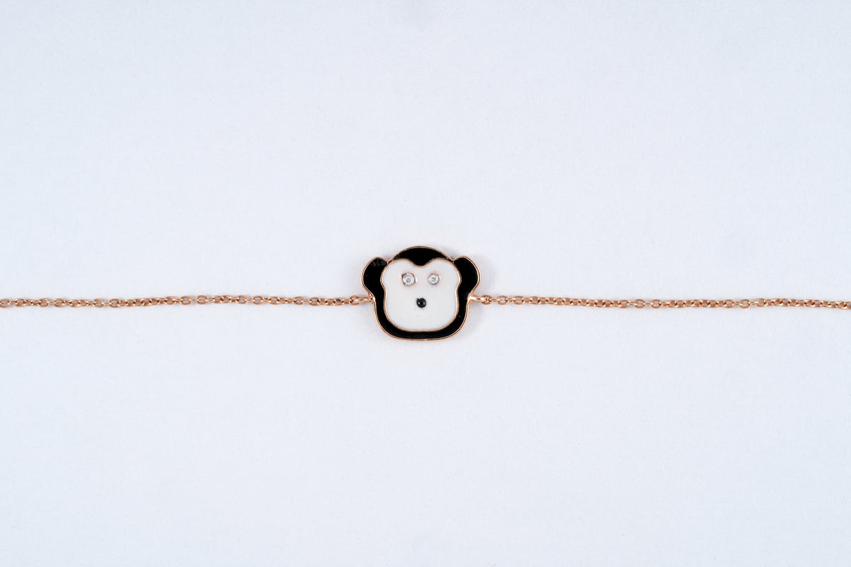 18KT rose gold kids bracelet with enamel monkey face charm and diamond eyes