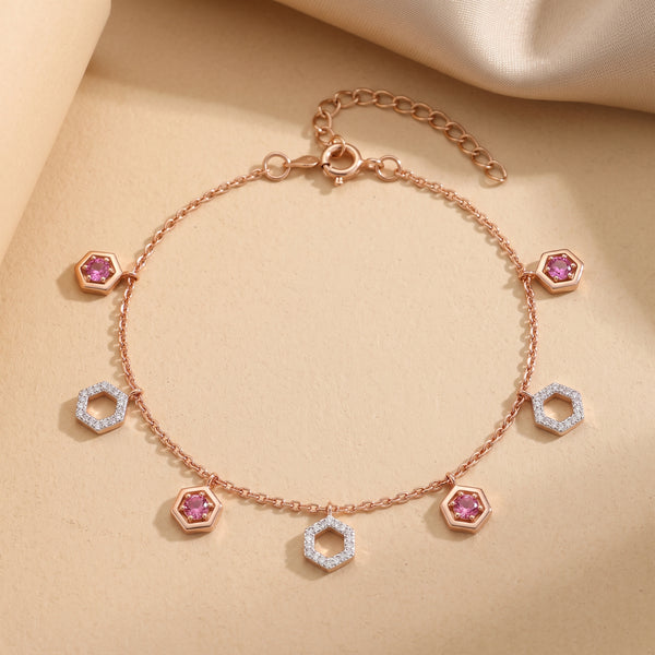 Hexagon Pink Gemstone Diamond 18KT Bracelet