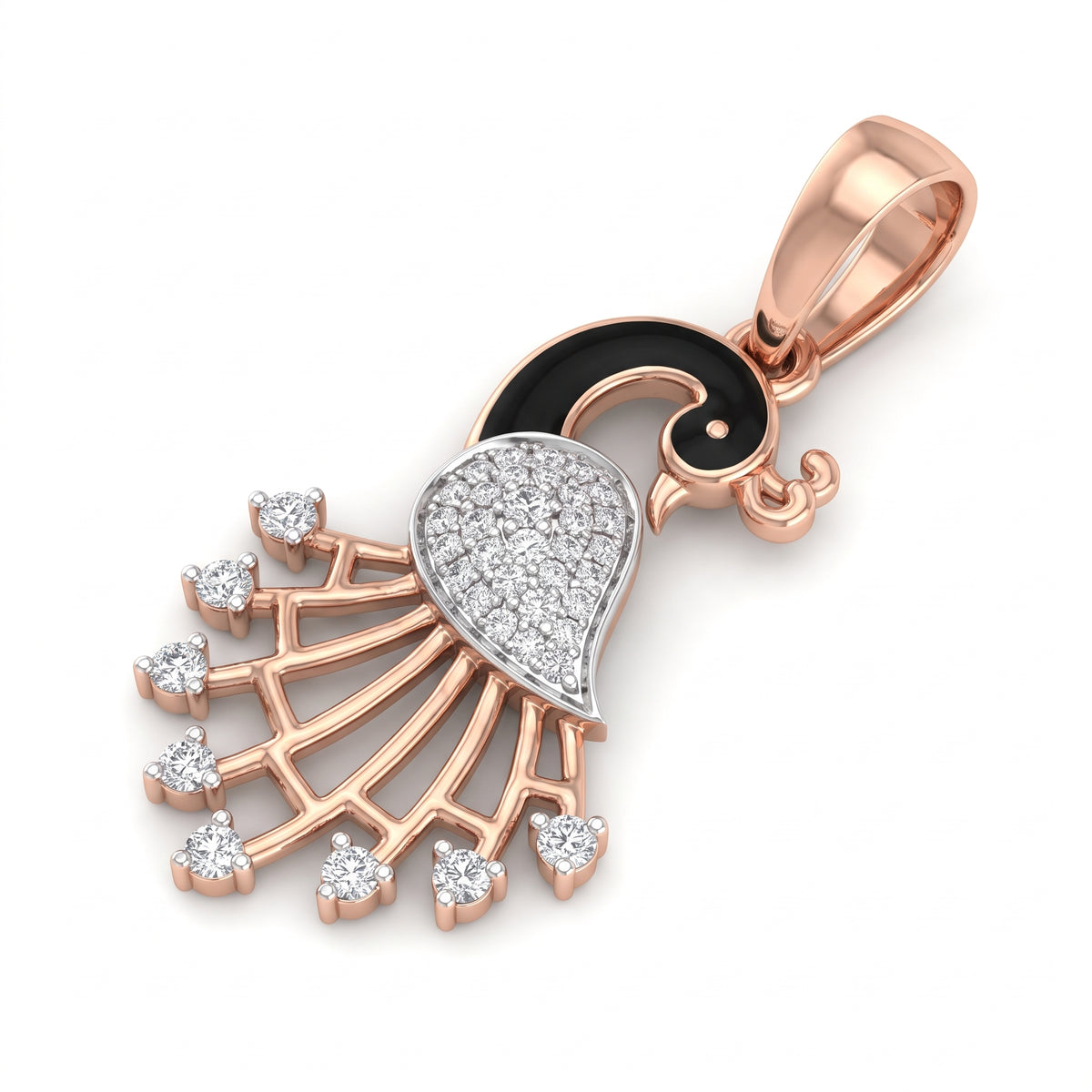 Rose gold 18KT diamond peacock pendant with black enamel, Lille by Challani