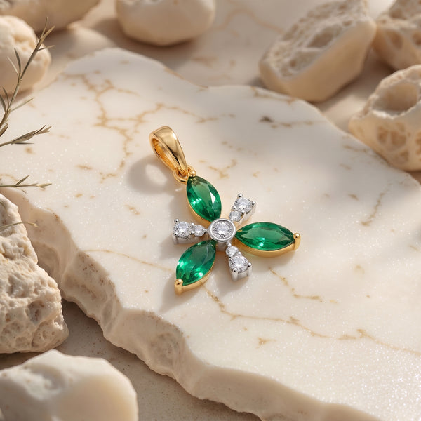 Yellow Gold Green Stone Diamond Flower Pendant
