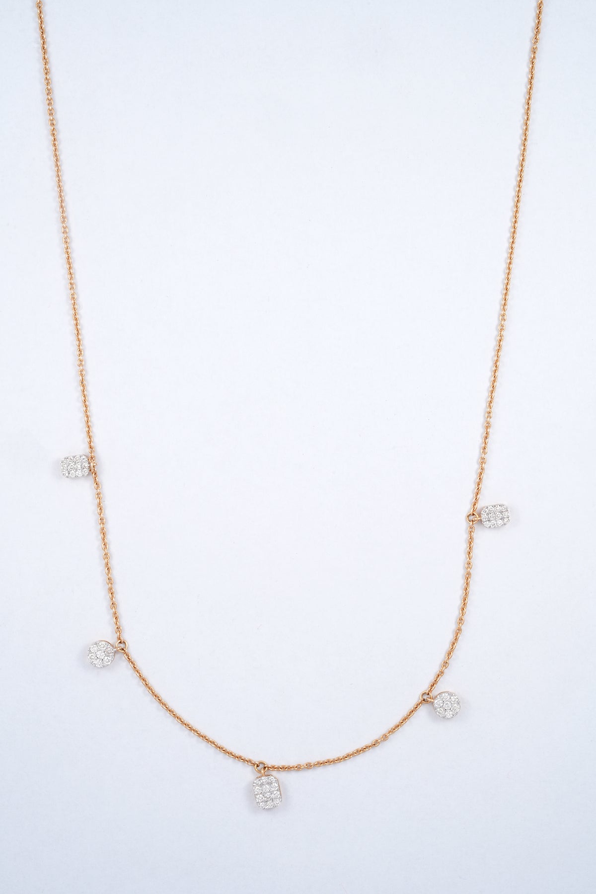 18KT rose gold necklace with diamond cluster stations