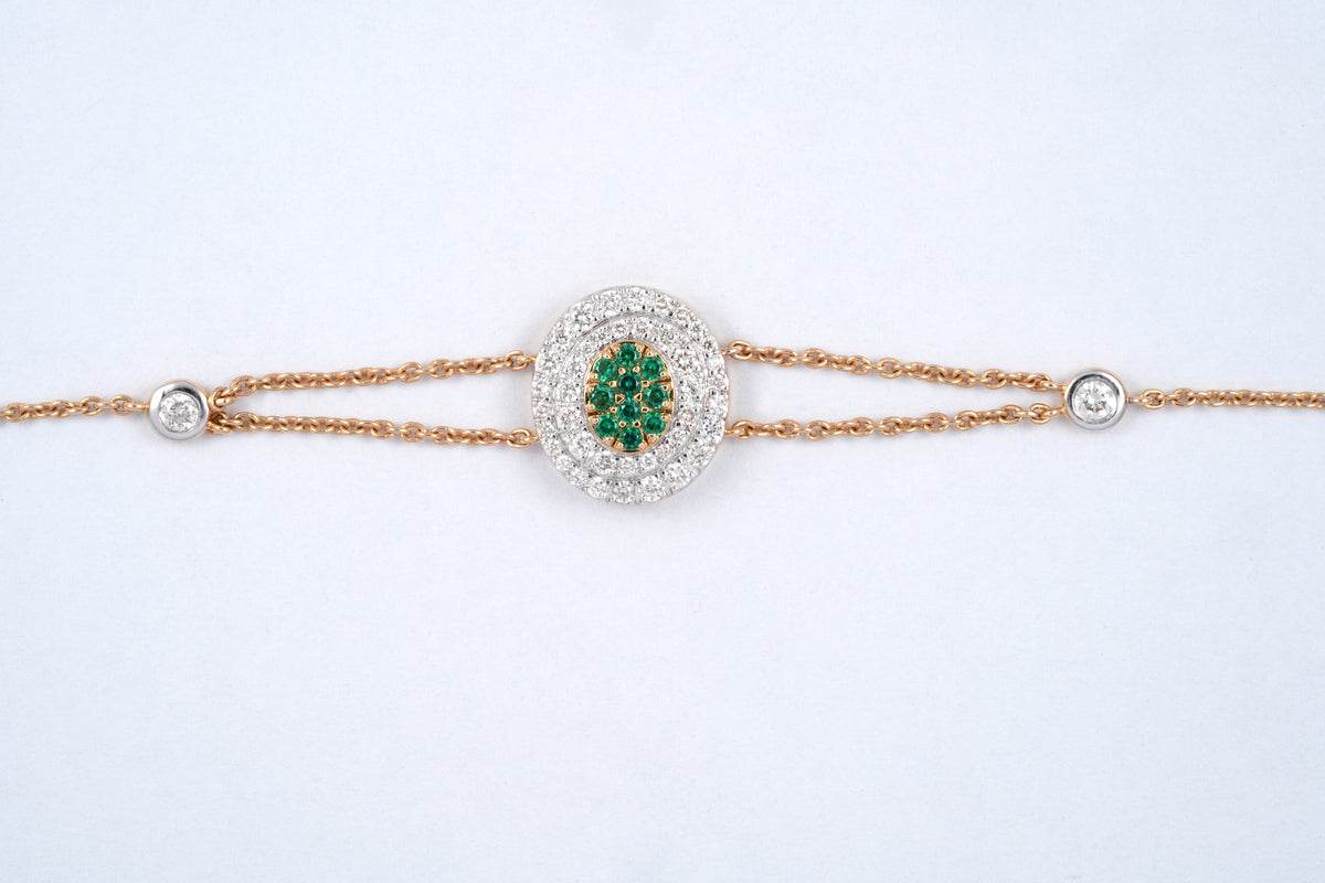 18KT rose gold bracelet with green gemstone cluster and diamond halo