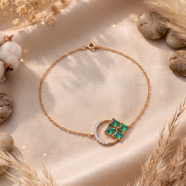 Green Gemstone Clover Diamond 18KT Bracelet