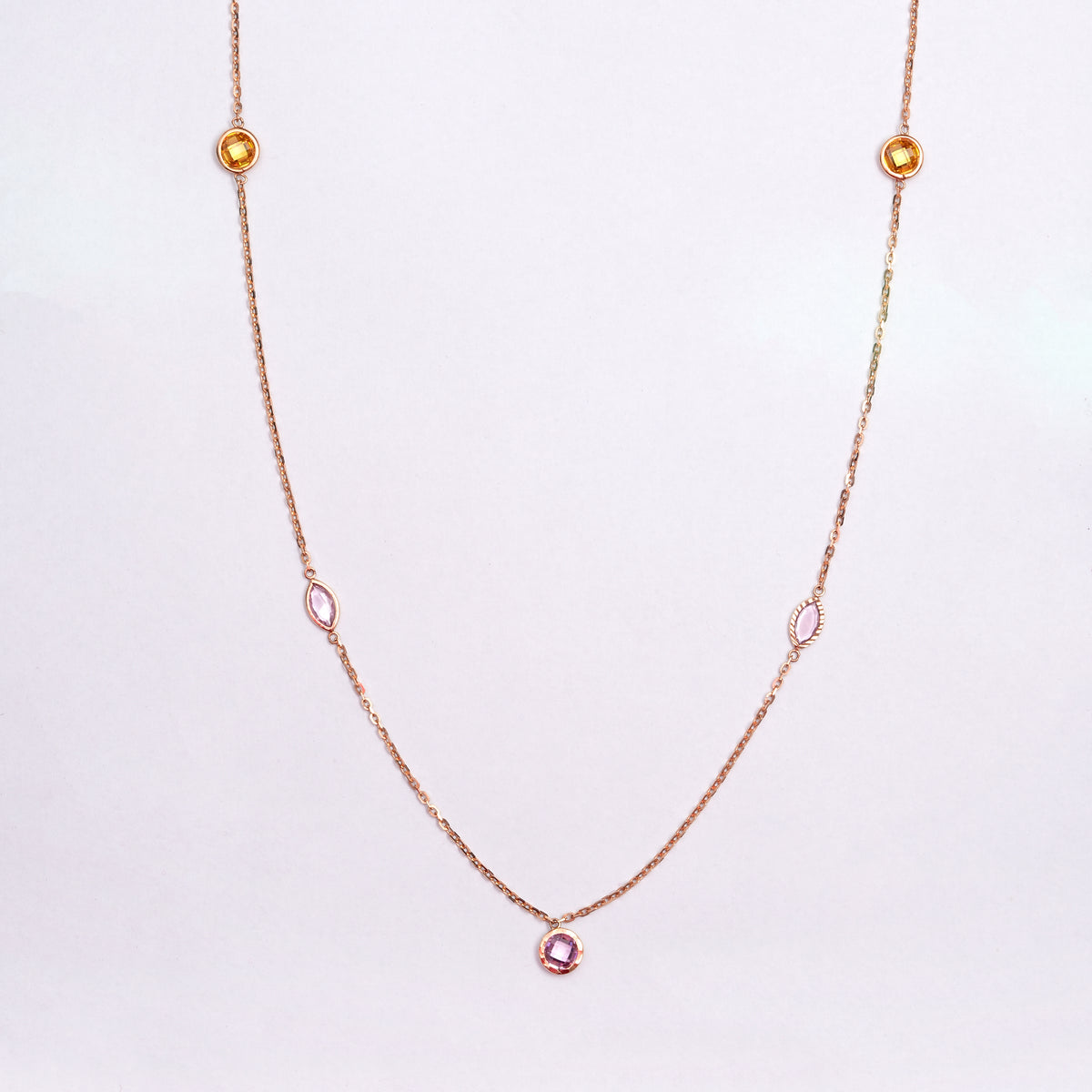 Rose gold station necklace with yellow and pink stones, Lille by Challani