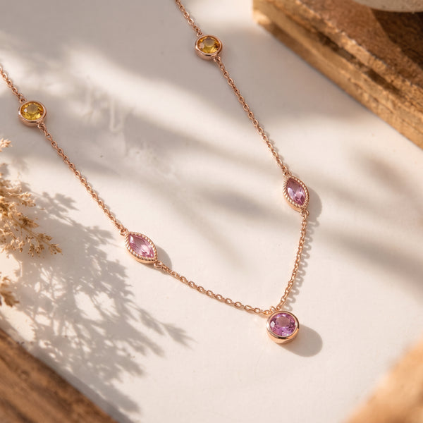 Rose Gold Multi Stone Station Necklace