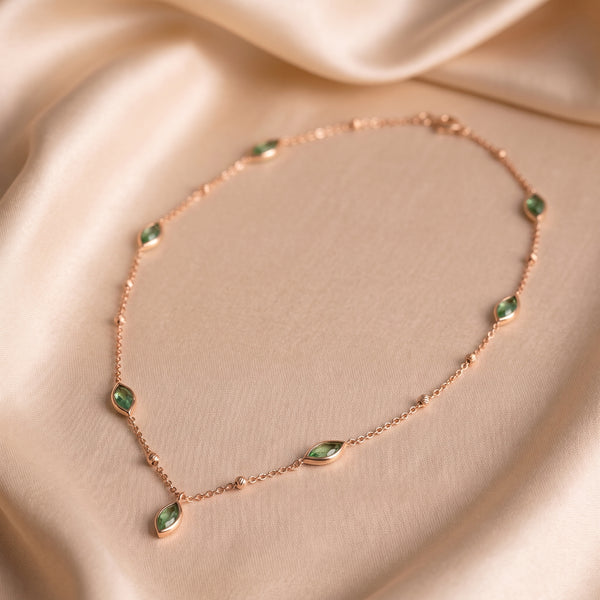 Rose Gold Green Stone Station Necklace