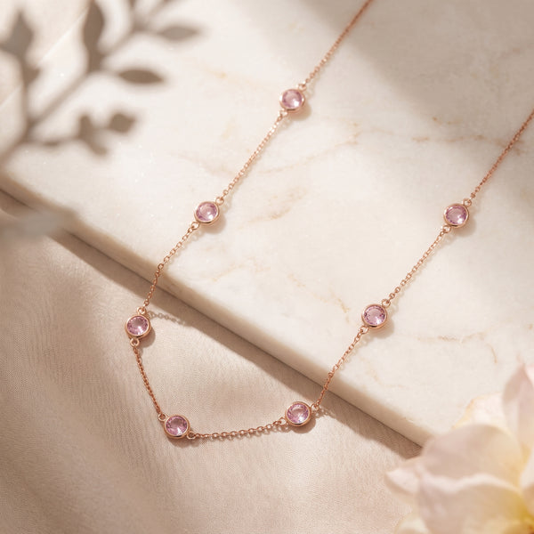 Rose Gold Pink Stone Station Necklace