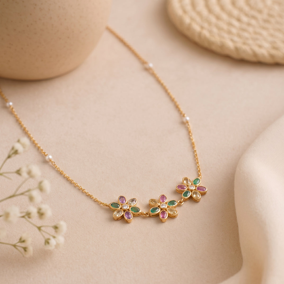 Yellow Gold Floral Gemstone Diamond Necklace