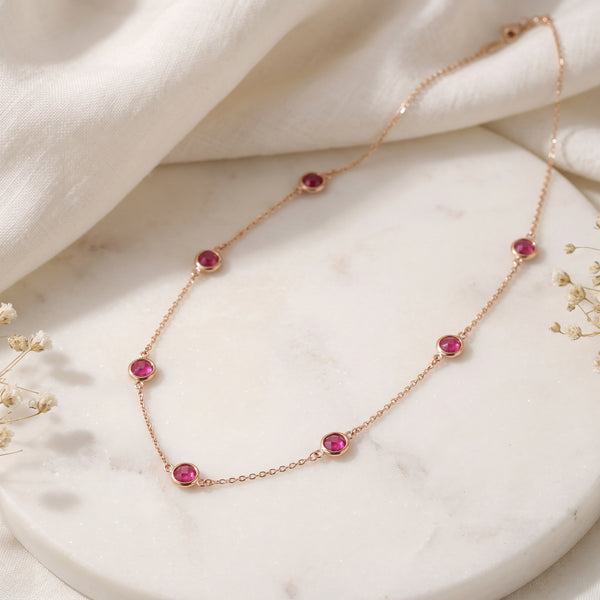 18KT Gold Pink Stone Station Necklace