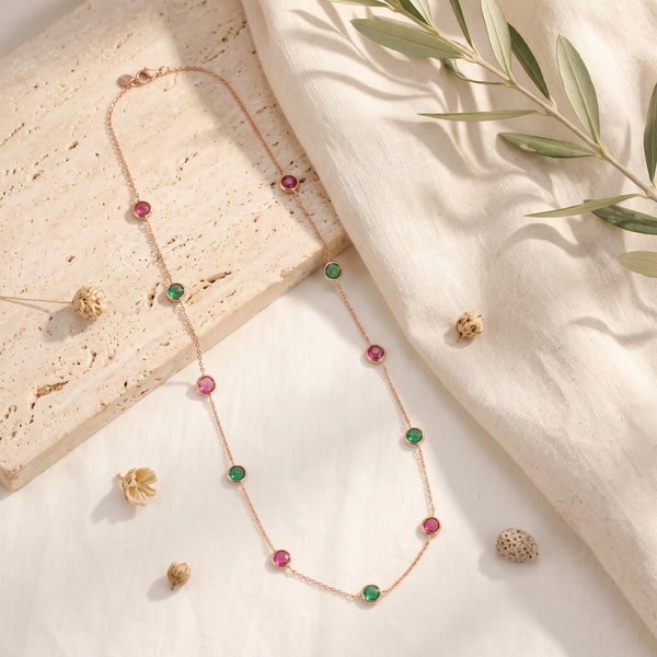 Rose Gold Pink and Green Station Necklace