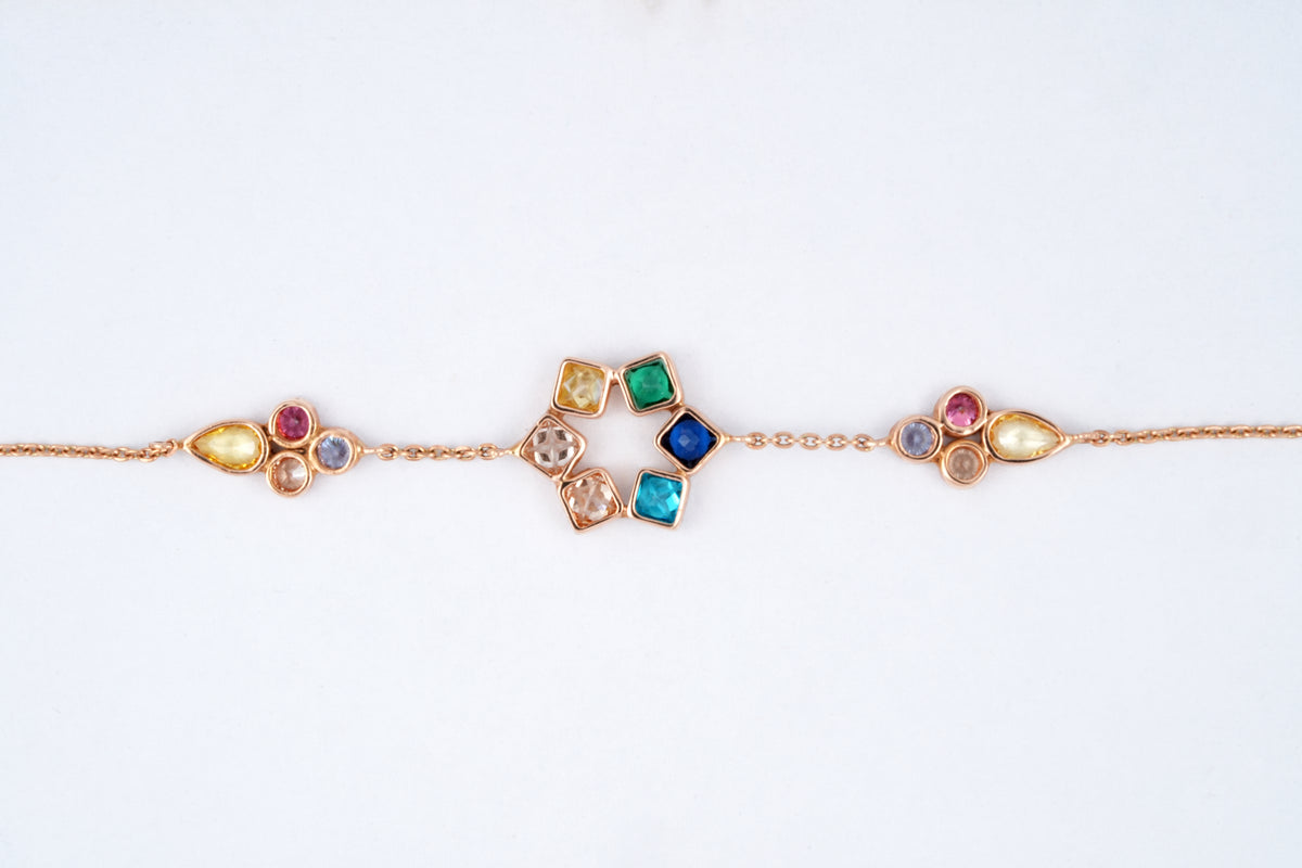 Rose gold chain bracelet with multi coloured gemstone clusters, Lille by Challani