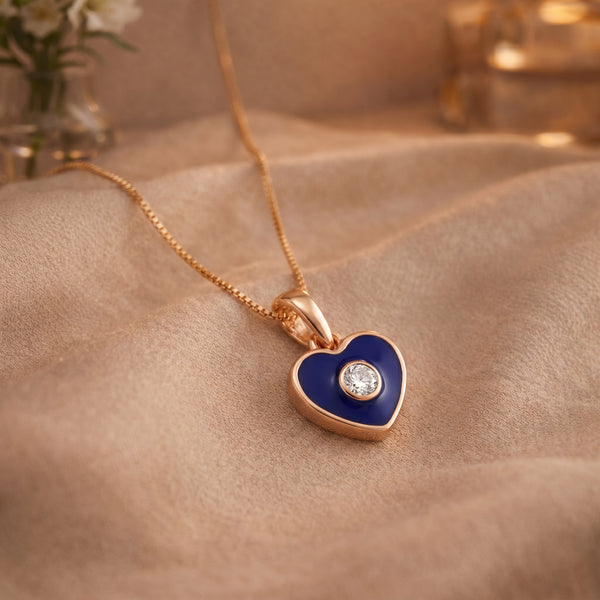 18kt Gold Kids Blue Enamel Heart Diamond Pendant for Kids