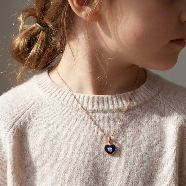 18kt Gold Kids Blue Enamel Heart Diamond Pendant for Kids