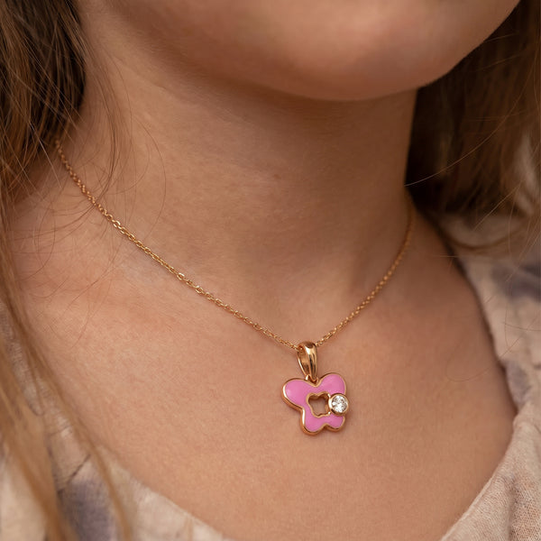 18kt Gold Kids Butterfly Diamond Pendant with Pink Enamel
