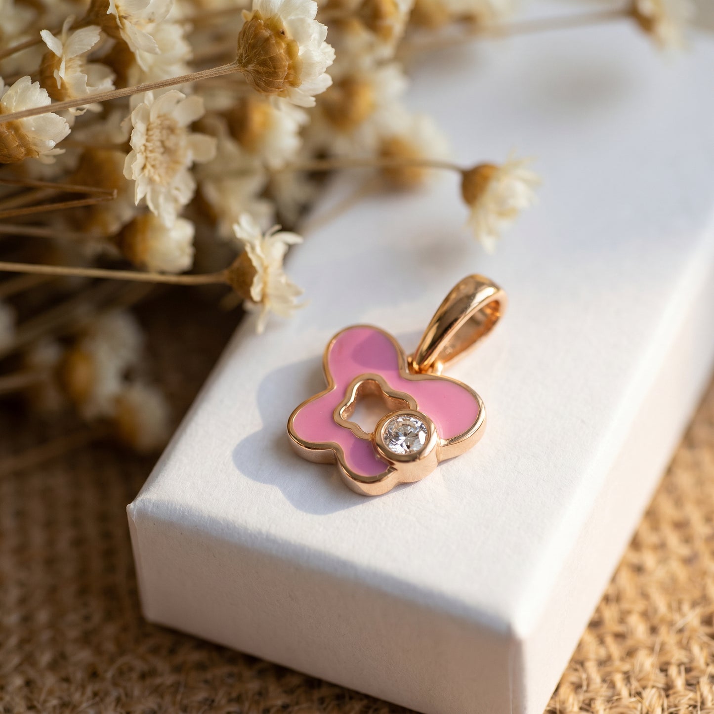 18kt Gold Kids Butterfly Diamond Pendant with Pink Enamel