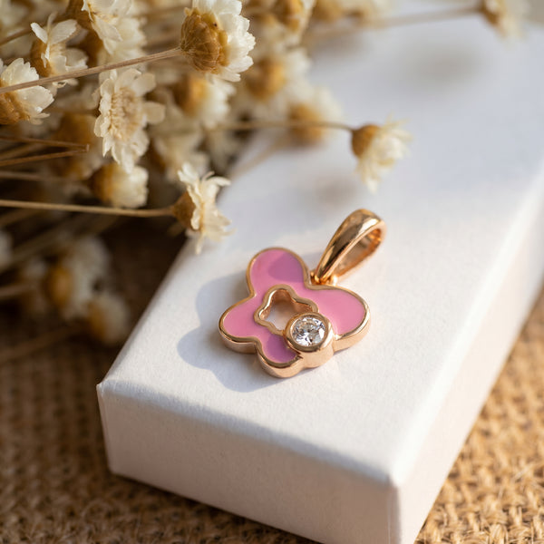 18kt Gold Kids Butterfly Diamond Pendant with Pink Enamel