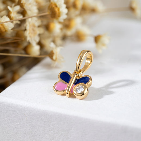 18kt Gold Kids Butterfly Diamond Pendant with Blue Pink Enamel