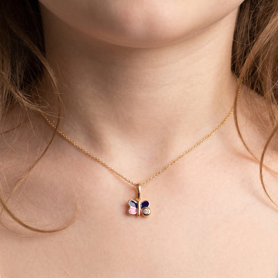 18kt Gold Kids Butterfly Diamond Pendant with Blue Pink Enamel