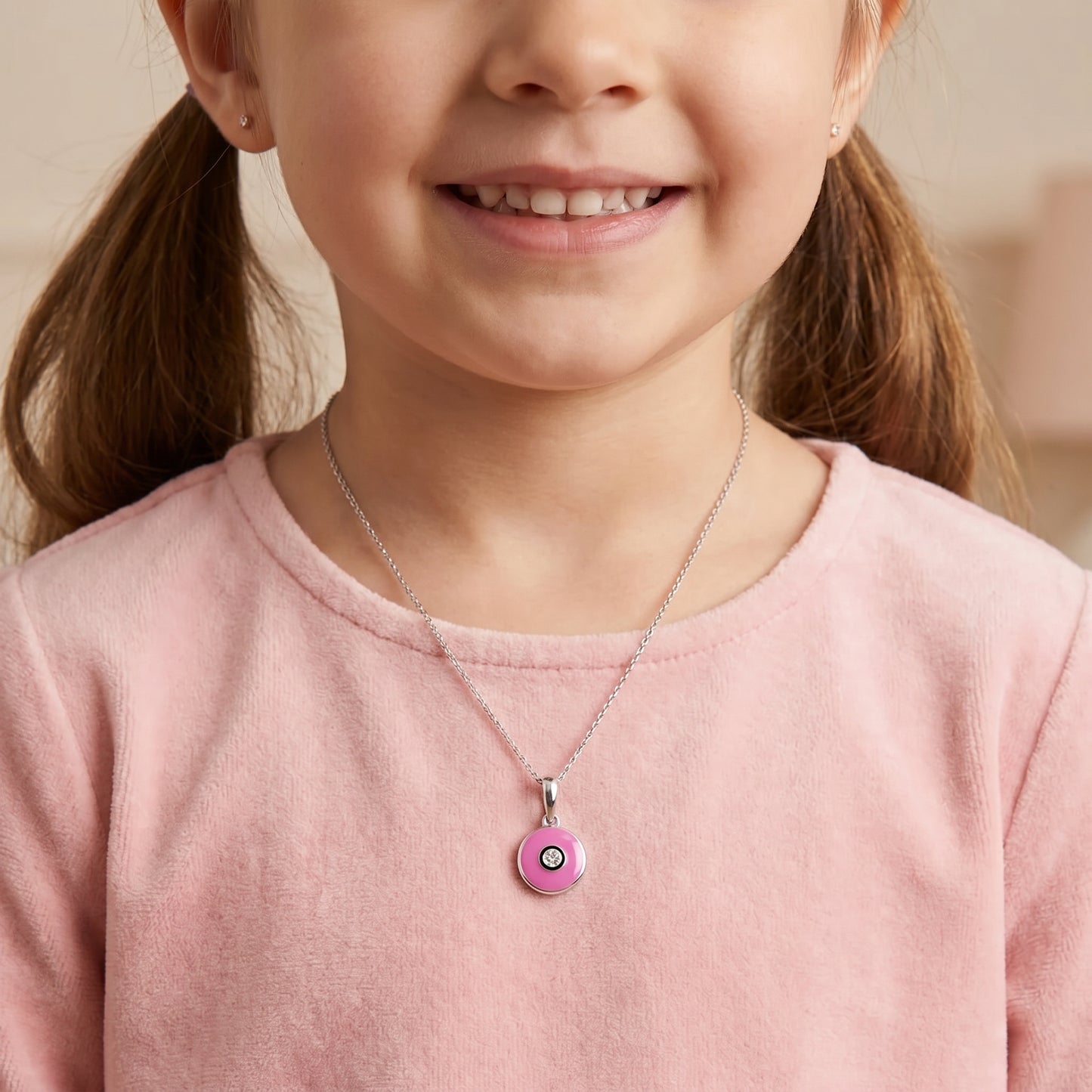 18kt Gold Kids Evil Eye Diamond Pendant with Pink Enamel