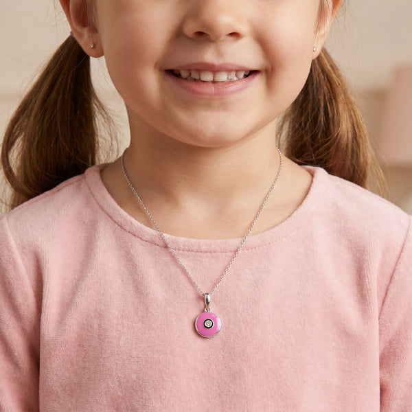 18kt Gold Kids Evil Eye Diamond Pendant with Pink Enamel