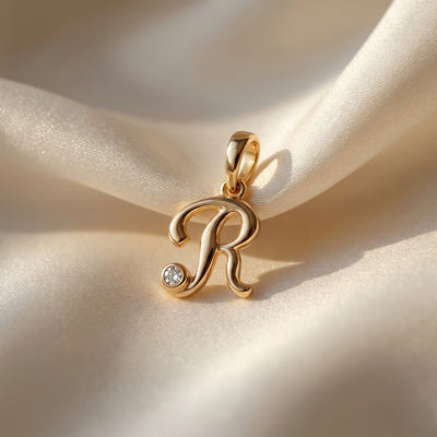18kt Gold R Initial Daily Wear Diamond Pendant for Kids