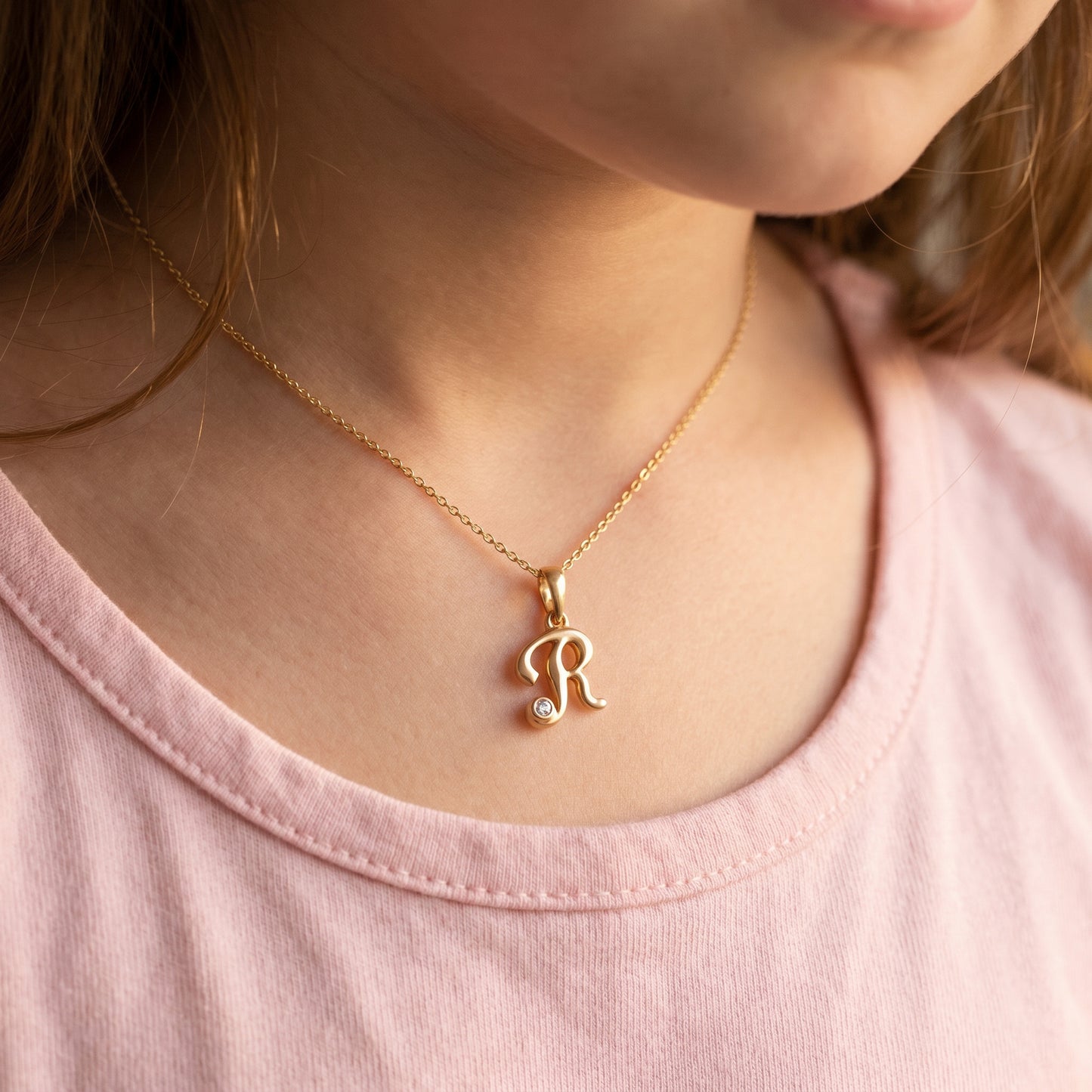 18kt Gold Initial R Daily Wear Diamond Pendant for Kids