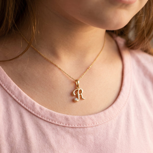 18kt Gold Initial R Daily Wear Diamond Pendant for Kids