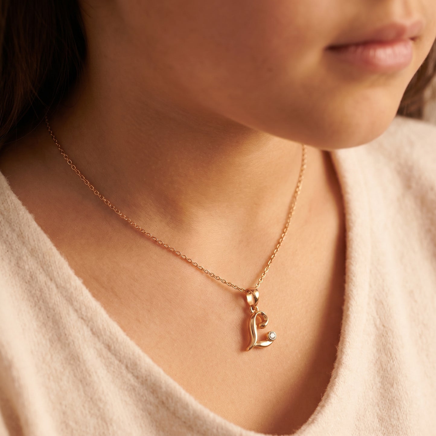 18kt Gold Initial L Daily Wear Diamond Pendant for Kids