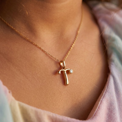 18kt Gold T Initial Daily Wear Diamond Pendant for Kids
