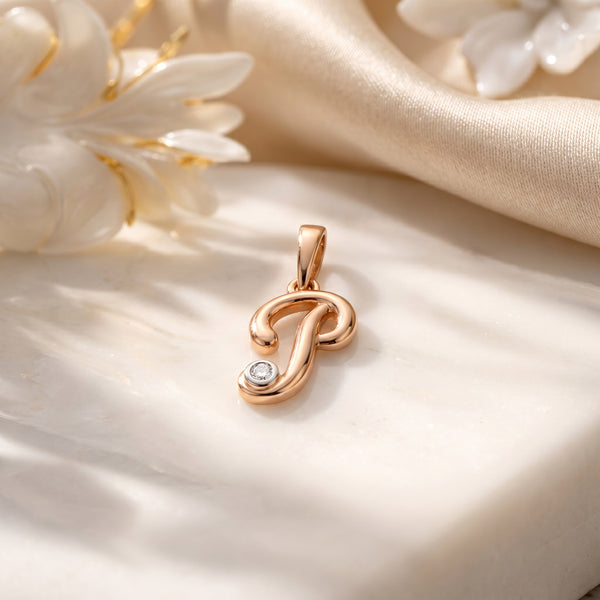 18kt Gold P Initial Daily Wear Diamond Pendant for Kids