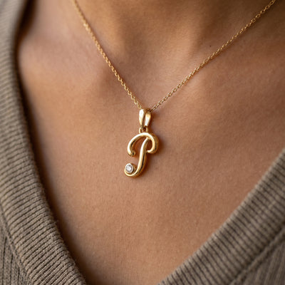 18kt Gold P Initial Daily Wear Diamond Pendant for Kids
