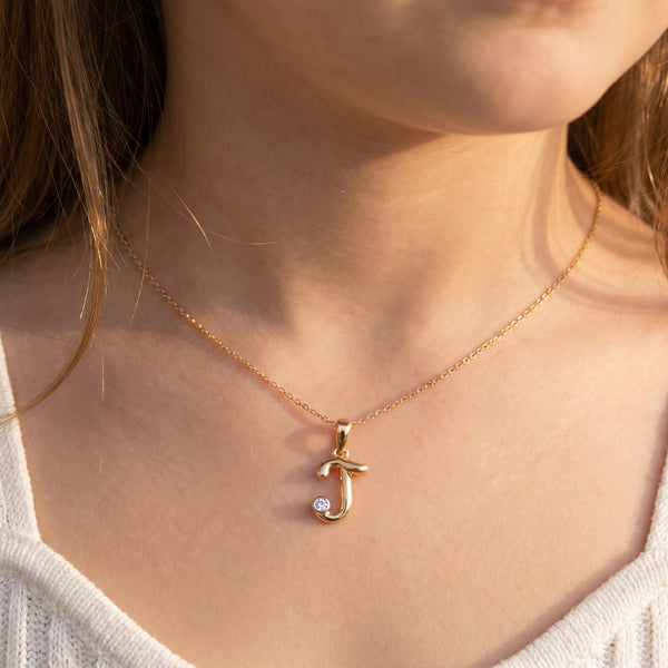 18kt Gold J Initial Daily Wear Diamond Pendant for Kids