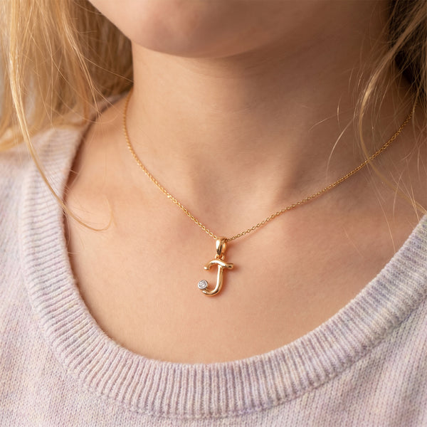 18kt Gold Initial J Daily Wear Diamond Pendant for Kids