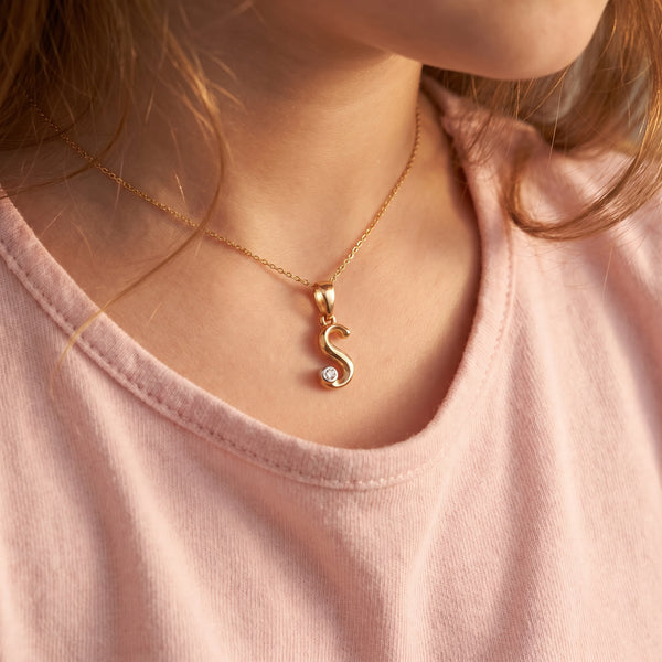 18kt Gold S Initial Daily Wear Diamond Pendant for Kids