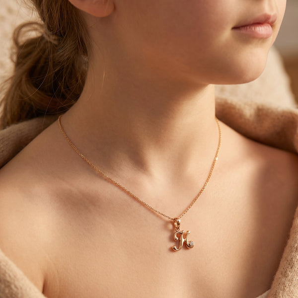 18kt Gold H Initial Daily Wear Diamond Pendant for Kids